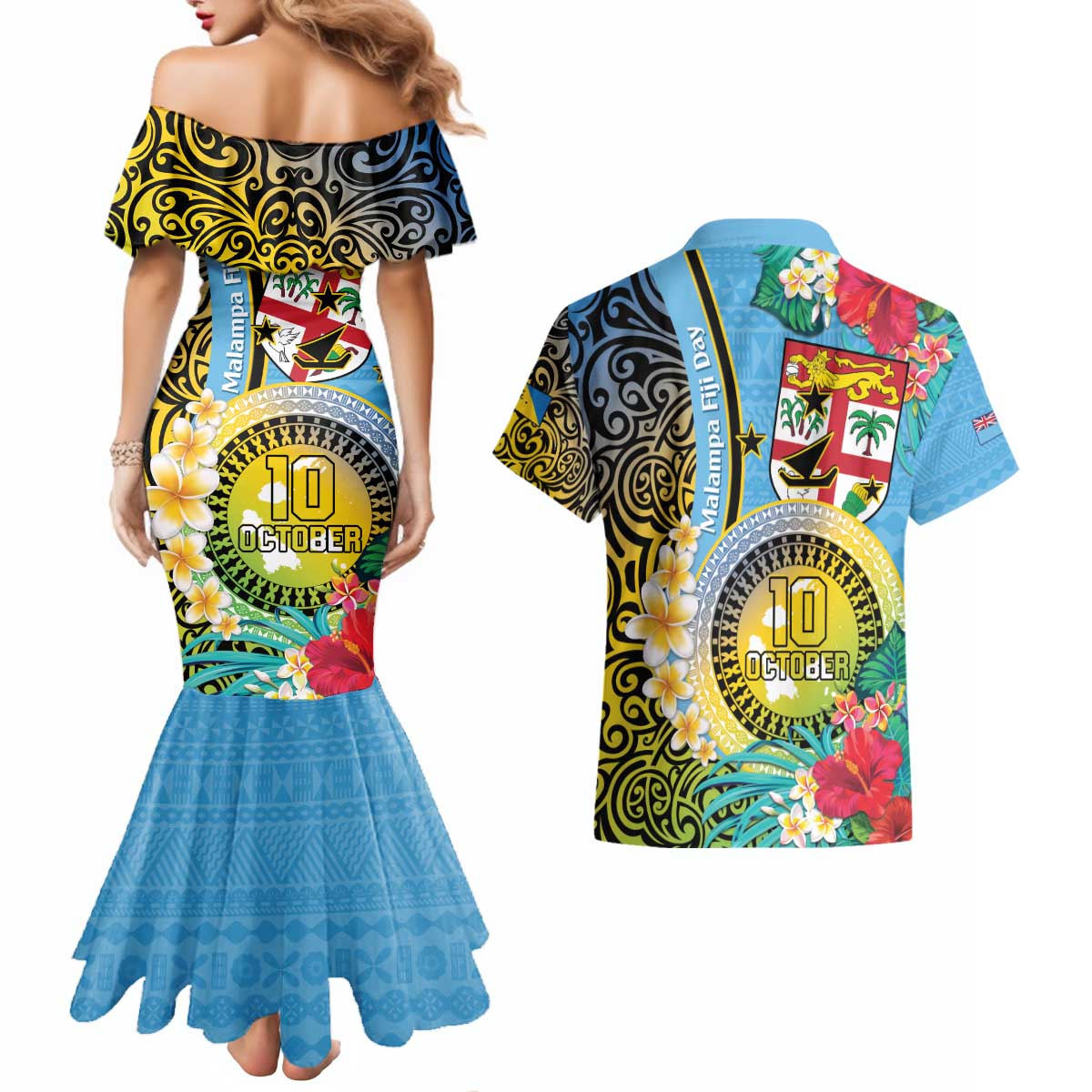 Vanuatu Malampa Fiji Day Couples Matching Mermaid Dress and Hawaiian Shirt Happy 10 October With Maps Tropical Flowers LT14 - Polynesian Pride