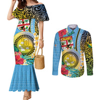 Vanuatu Malampa Fiji Day Couples Matching Mermaid Dress and Long Sleeve Button Shirt Happy 10 October With Maps Tropical Flowers LT14 Blue - Polynesian Pride