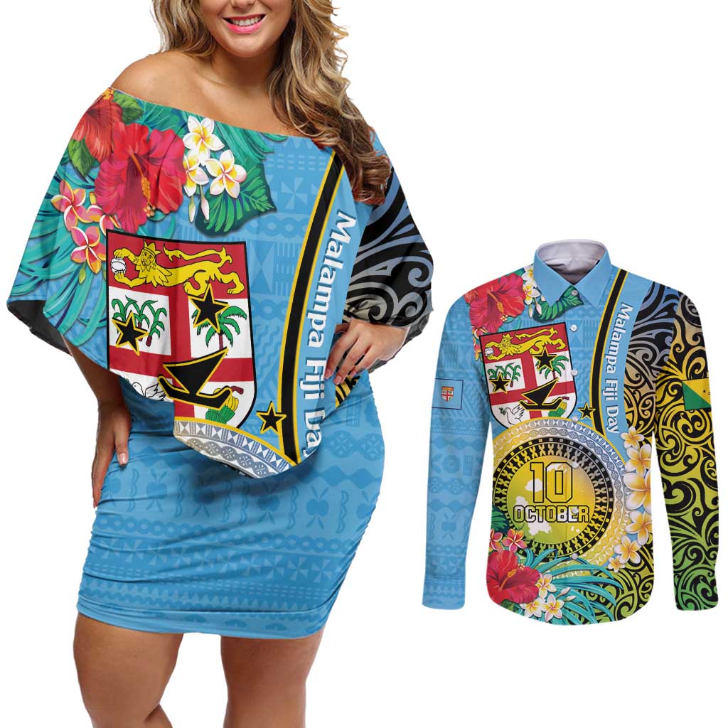 Vanuatu Malampa Fiji Day Couples Matching Off Shoulder Short Dress and Long Sleeve Button Shirt Happy 10 October With Maps Tropical Flowers LT14 Blue - Polynesian Pride