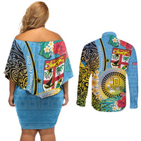 Vanuatu Malampa Fiji Day Couples Matching Off Shoulder Short Dress and Long Sleeve Button Shirt Happy 10 October With Maps Tropical Flowers LT14 - Polynesian Pride