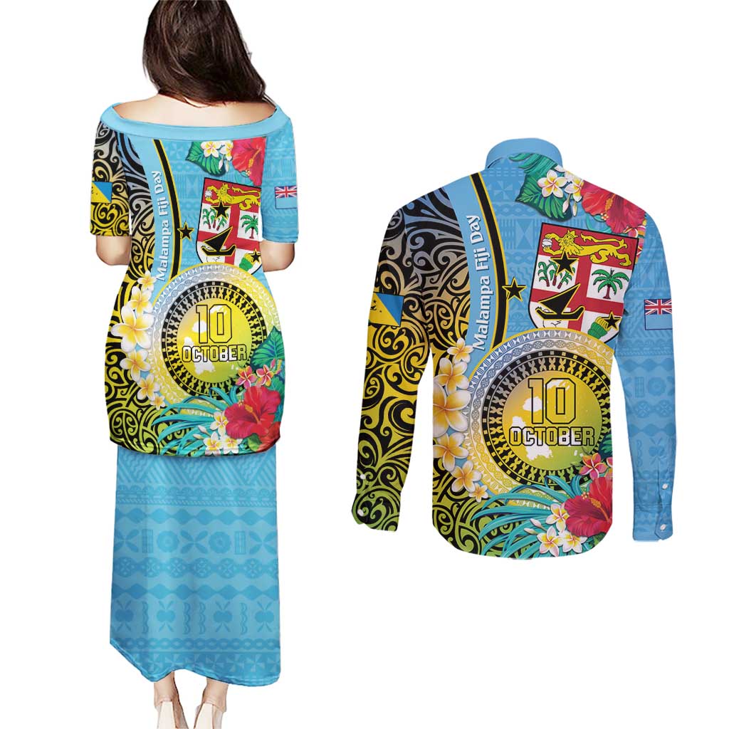 Vanuatu Malampa Fiji Day Couples Matching Puletasi and Long Sleeve Button Shirt Happy 10 October With Maps Tropical Flowers LT14 - Polynesian Pride