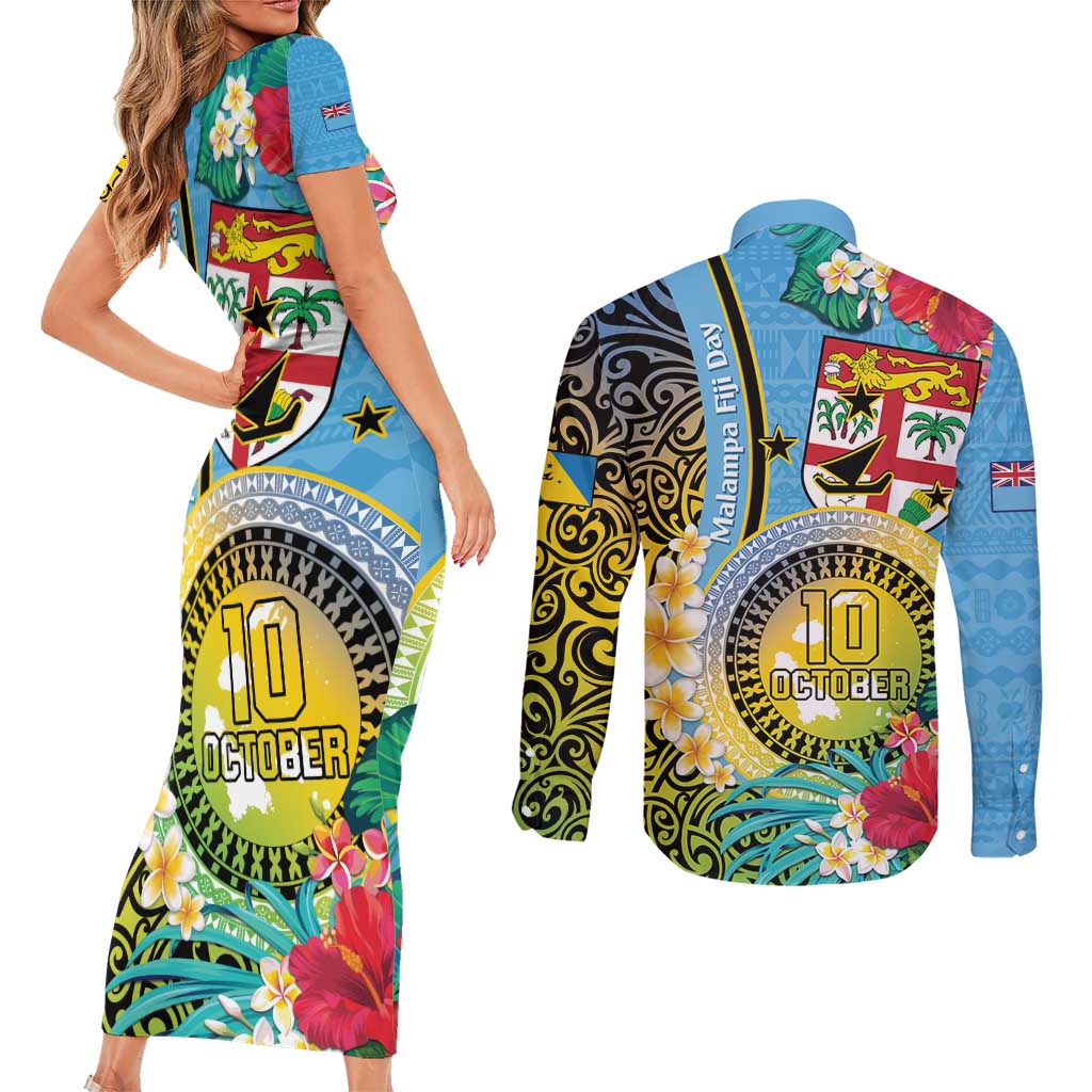 Vanuatu Malampa Fiji Day Couples Matching Short Sleeve Bodycon Dress and Long Sleeve Button Shirt Happy 10 October With Maps Tropical Flowers LT14 - Polynesian Pride