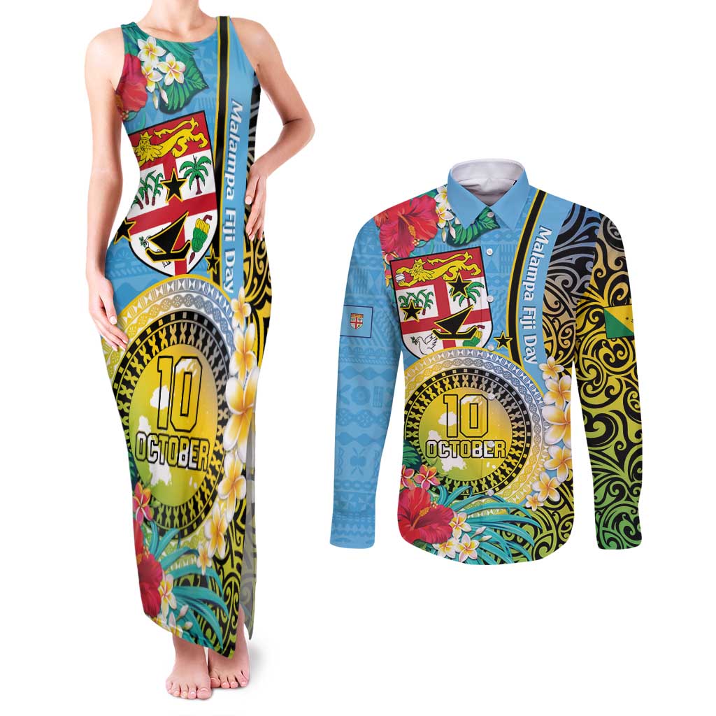 Vanuatu Malampa Fiji Day Couples Matching Tank Maxi Dress and Long Sleeve Button Shirt Happy 10 October With Maps Tropical Flowers LT14 Blue - Polynesian Pride