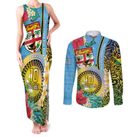 Vanuatu Malampa Fiji Day Couples Matching Tank Maxi Dress and Long Sleeve Button Shirt Happy 10 October With Maps Tropical Flowers LT14 Blue - Polynesian Pride