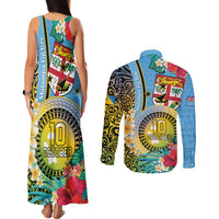 Vanuatu Malampa Fiji Day Couples Matching Tank Maxi Dress and Long Sleeve Button Shirt Happy 10 October With Maps Tropical Flowers LT14 - Polynesian Pride