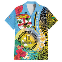 Vanuatu Malampa Fiji Day Family Matching Long Sleeve Bodycon Dress and Hawaiian Shirt Happy 10 October With Maps Tropical Flowers LT14 Dad's Shirt - Short Sleeve Blue - Polynesian Pride