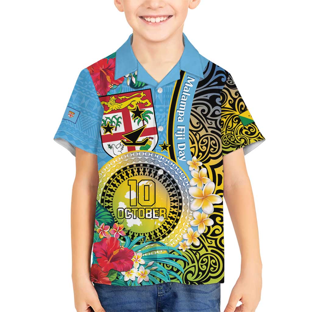 Vanuatu Malampa Fiji Day Family Matching Long Sleeve Bodycon Dress and Hawaiian Shirt Happy 10 October With Maps Tropical Flowers LT14 Son's Shirt Blue - Polynesian Pride