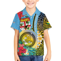Vanuatu Malampa Fiji Day Family Matching Long Sleeve Bodycon Dress and Hawaiian Shirt Happy 10 October With Maps Tropical Flowers LT14 Son's Shirt Blue - Polynesian Pride