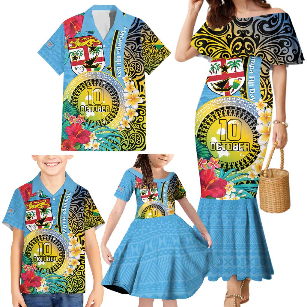 Vanuatu Malampa Fiji Day Family Matching Mermaid Dress and Hawaiian Shirt Happy 10 October With Maps Tropical Flowers LT14 - Polynesian Pride