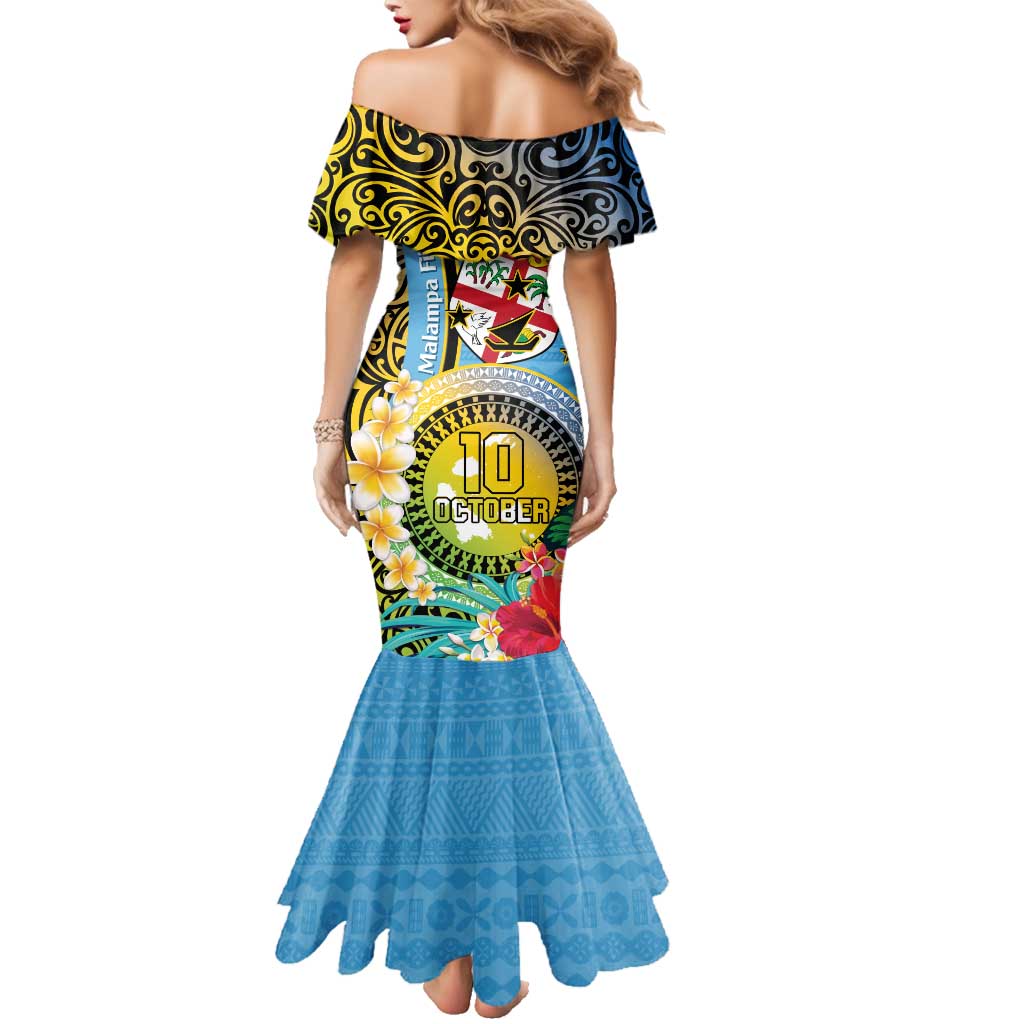 Vanuatu Malampa Fiji Day Family Matching Mermaid Dress and Hawaiian Shirt Happy 10 October With Maps Tropical Flowers LT14 - Polynesian Pride
