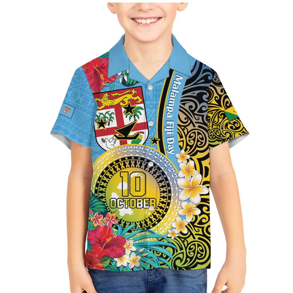 Vanuatu Malampa Fiji Day Family Matching Mermaid Dress and Hawaiian Shirt Happy 10 October With Maps Tropical Flowers LT14 Son's Shirt Blue - Polynesian Pride