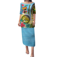 Vanuatu Malampa Fiji Day Family Matching Puletasi and Hawaiian Shirt Happy 10 October With Maps Tropical Flowers LT14 Mom's Dress Blue - Polynesian Pride