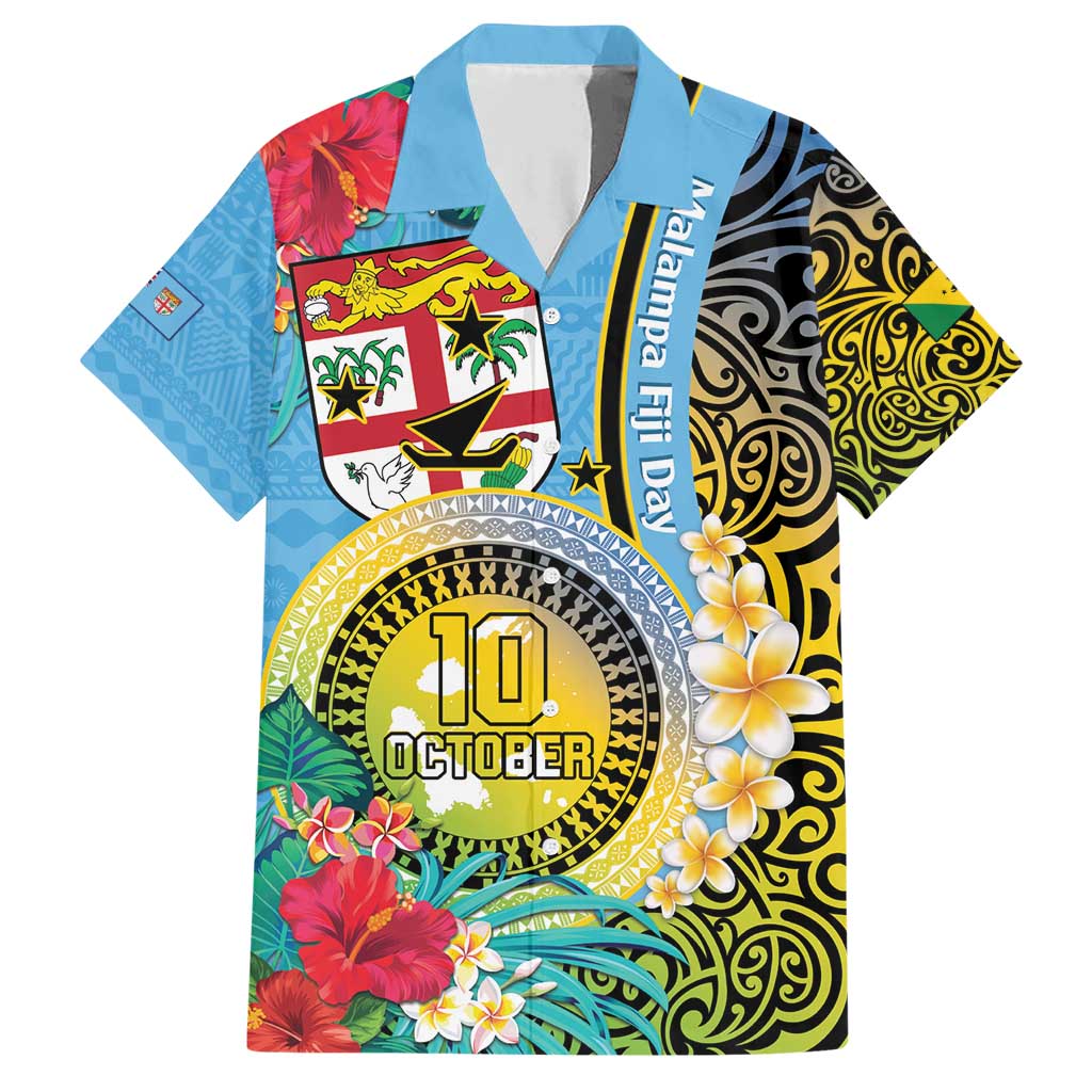 Vanuatu Malampa Fiji Day Family Matching Short Sleeve Bodycon Dress and Hawaiian Shirt Happy 10 October With Maps Tropical Flowers LT14 Dad's Shirt - Short Sleeve Blue - Polynesian Pride