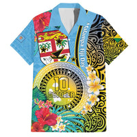 Vanuatu Malampa Fiji Day Family Matching Short Sleeve Bodycon Dress and Hawaiian Shirt Happy 10 October With Maps Tropical Flowers LT14 Dad's Shirt - Short Sleeve Blue - Polynesian Pride