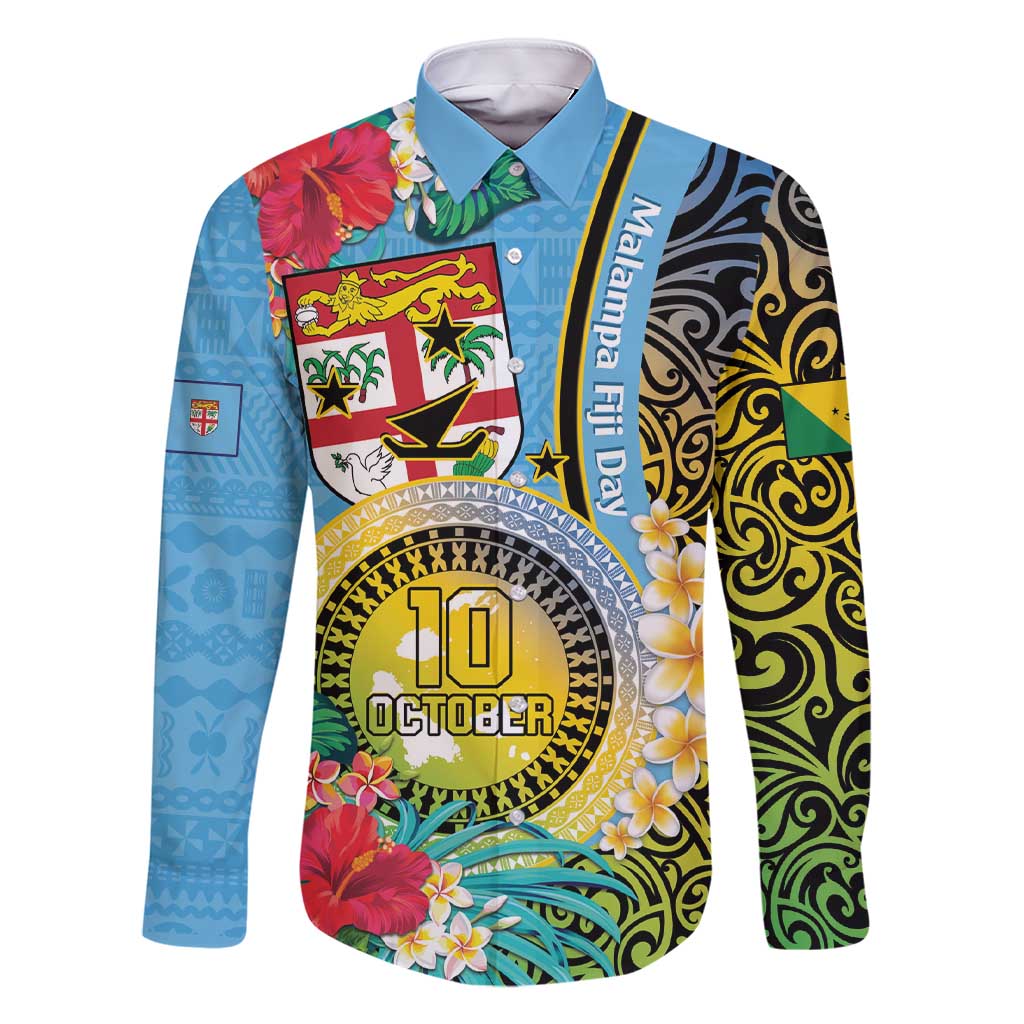 Vanuatu Malampa Fiji Day Family Matching Short Sleeve Bodycon Dress and Hawaiian Shirt Happy 10 October With Maps Tropical Flowers LT14 Dad's Shirt - Long Sleeve Blue - Polynesian Pride