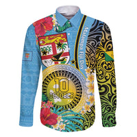 Vanuatu Malampa Fiji Day Family Matching Short Sleeve Bodycon Dress and Hawaiian Shirt Happy 10 October With Maps Tropical Flowers LT14 Dad's Shirt - Long Sleeve Blue - Polynesian Pride
