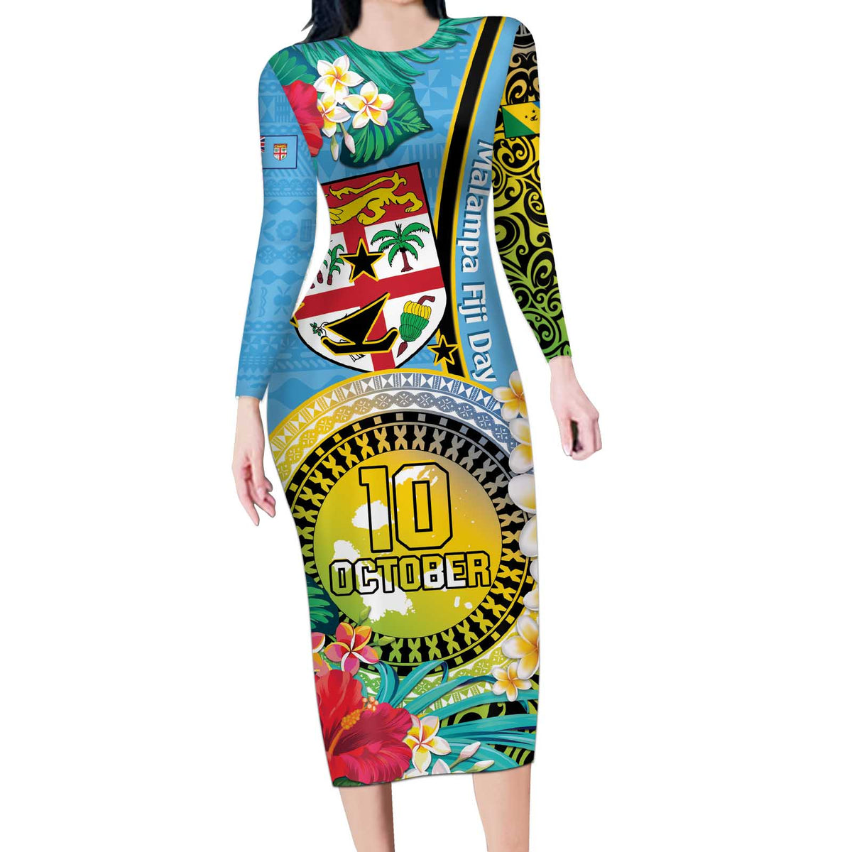 Vanuatu Malampa Fiji Day Long Sleeve Bodycon Dress Happy 10 October With Maps Tropical Flowers LT14 Long Dress Blue - Polynesian Pride