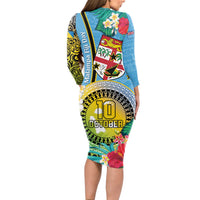 Vanuatu Malampa Fiji Day Long Sleeve Bodycon Dress Happy 10 October With Maps Tropical Flowers LT14 - Polynesian Pride