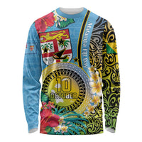 Vanuatu Malampa Fiji Day Long Sleeve Shirt Happy 10 October With Maps Tropical Flowers