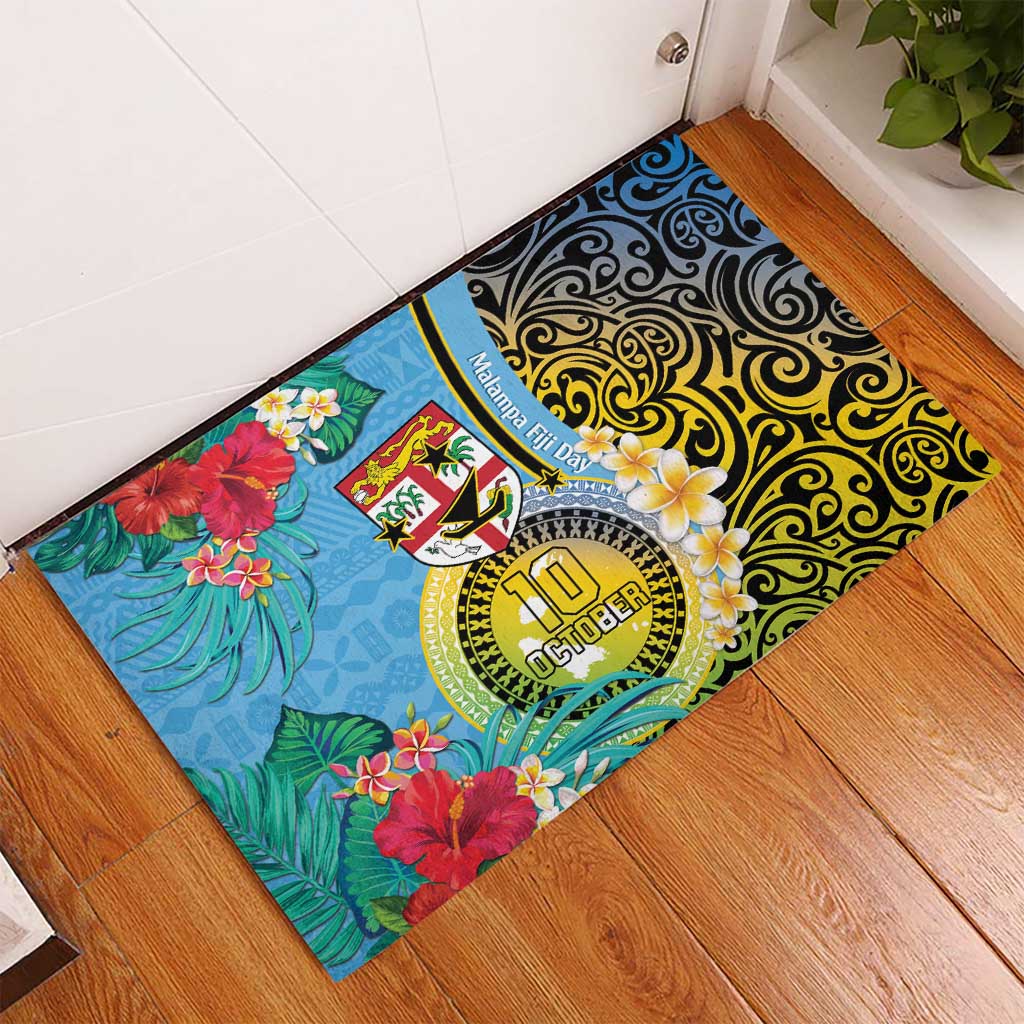 Vanuatu Malampa Fiji Day Rubber Doormat Happy 10 October With Maps Tropical Flowers LT14 - Polynesian Pride