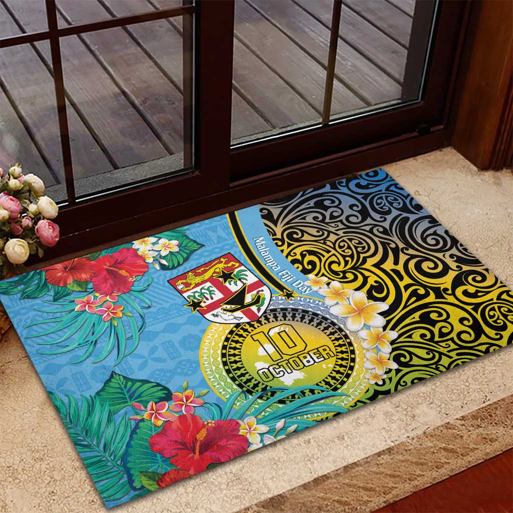 Vanuatu Malampa Fiji Day Rubber Doormat Happy 10 October With Maps Tropical Flowers LT14 - Polynesian Pride