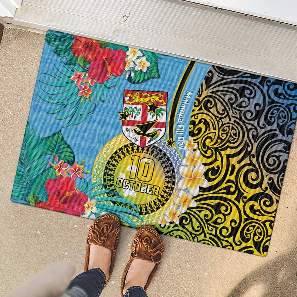 Vanuatu Malampa Fiji Day Rubber Doormat Happy 10 October With Maps Tropical Flowers LT14 - Polynesian Pride