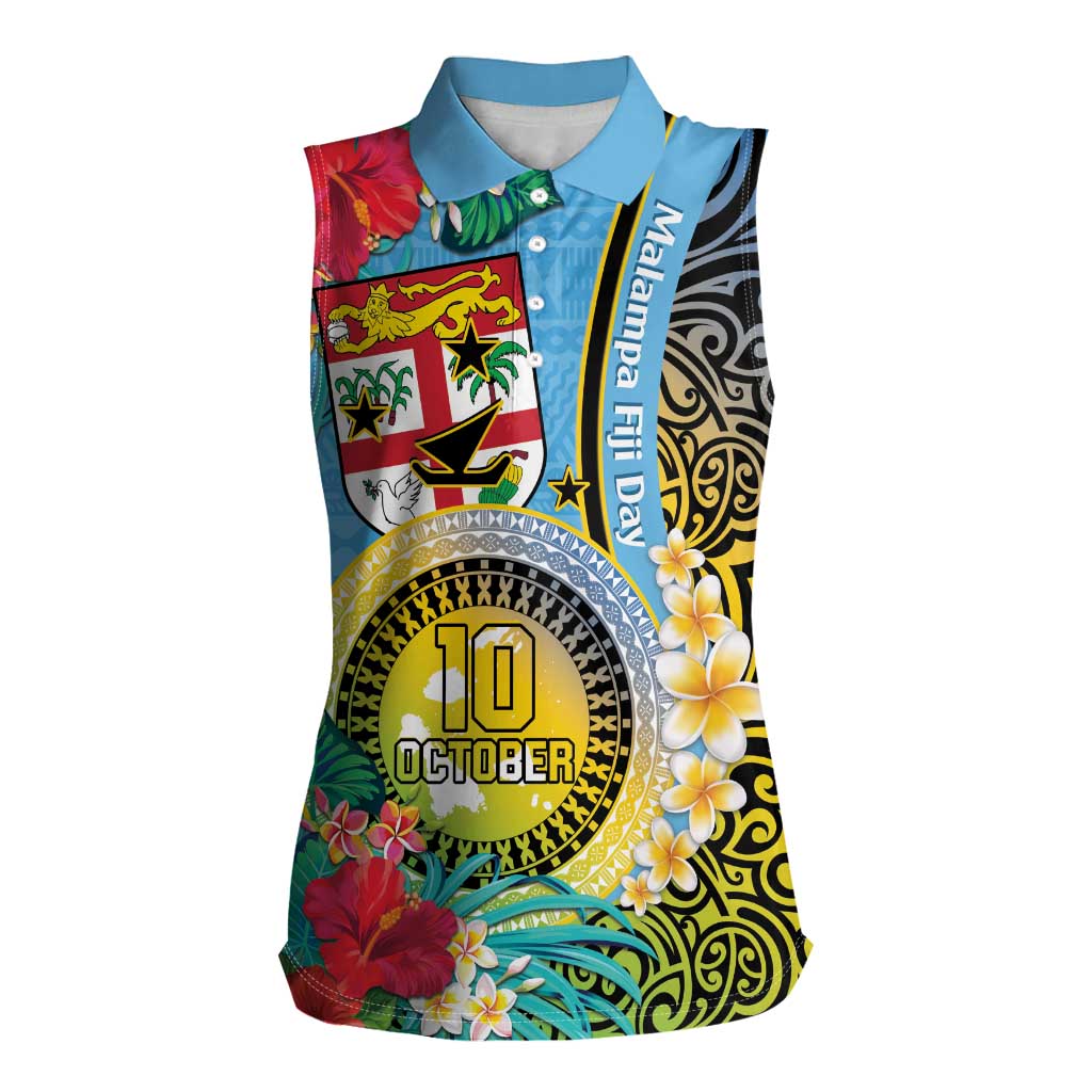 Vanuatu Malampa Fiji Day Women Sleeveless Polo Shirt Happy 10 October With Maps Tropical Flowers LT14 Female Blue - Polynesian Pride