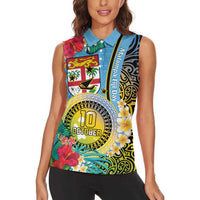 Vanuatu Malampa Fiji Day Women Sleeveless Polo Shirt Happy 10 October With Maps Tropical Flowers LT14 - Polynesian Pride