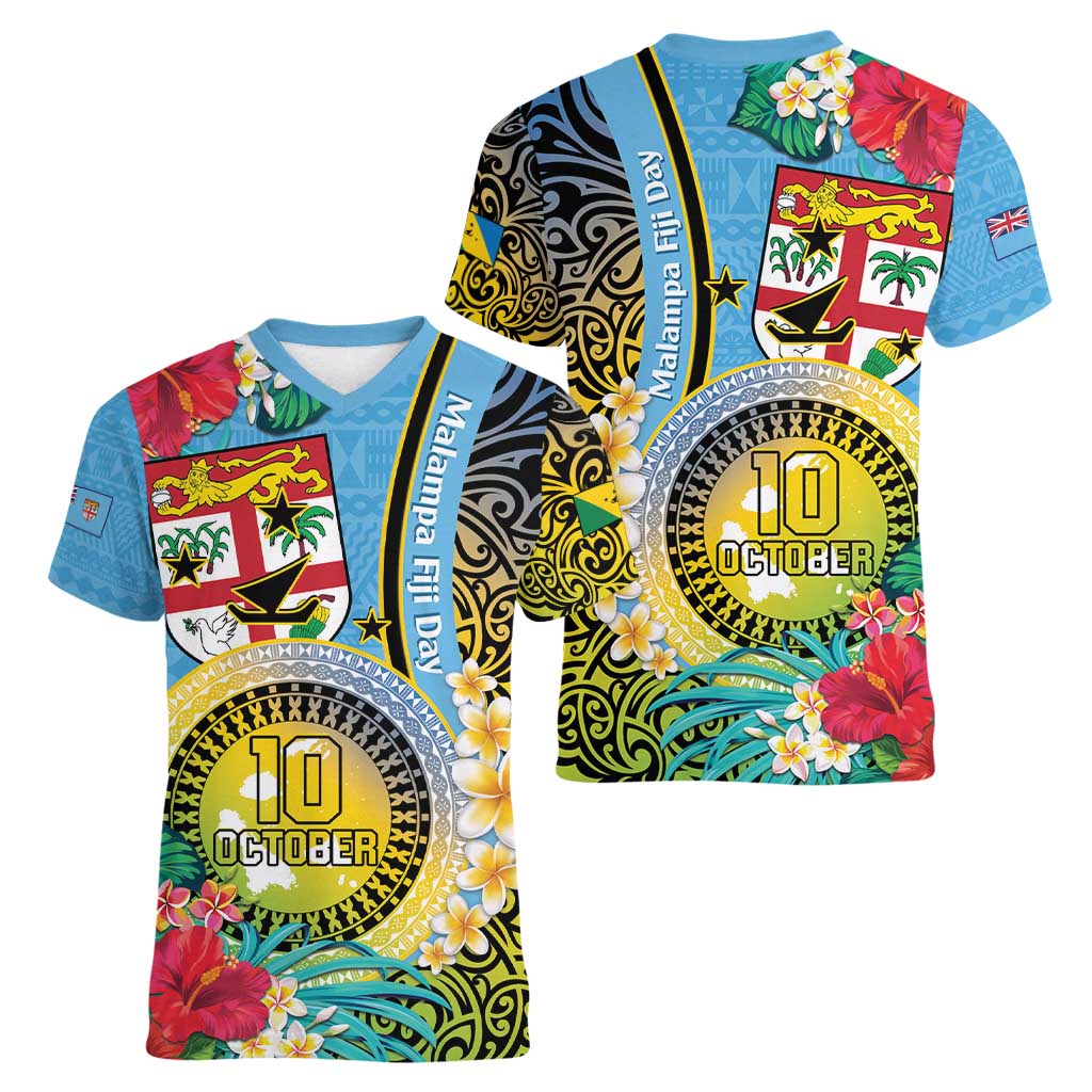 Vanuatu Malampa Fiji Day Women V-Neck T-Shirt Happy 10 October With Maps Tropical Flowers