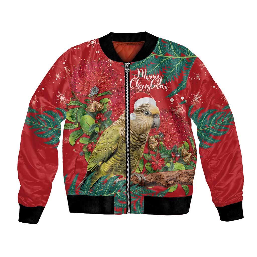 Personalised New Zealand Kakapo Christmas Bomber Jacket Meri Kirihimete Silver Fern Mix Pohutukawa LT14 Unisex Red - Polynesian Pride