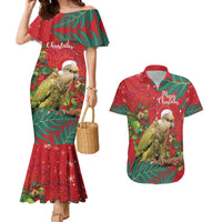 Personalised New Zealand Kakapo Christmas Couples Matching Mermaid Dress and Hawaiian Shirt Meri Kirihimete Silver Fern Mix Pohutukawa LT14 Red - Polynesian Pride