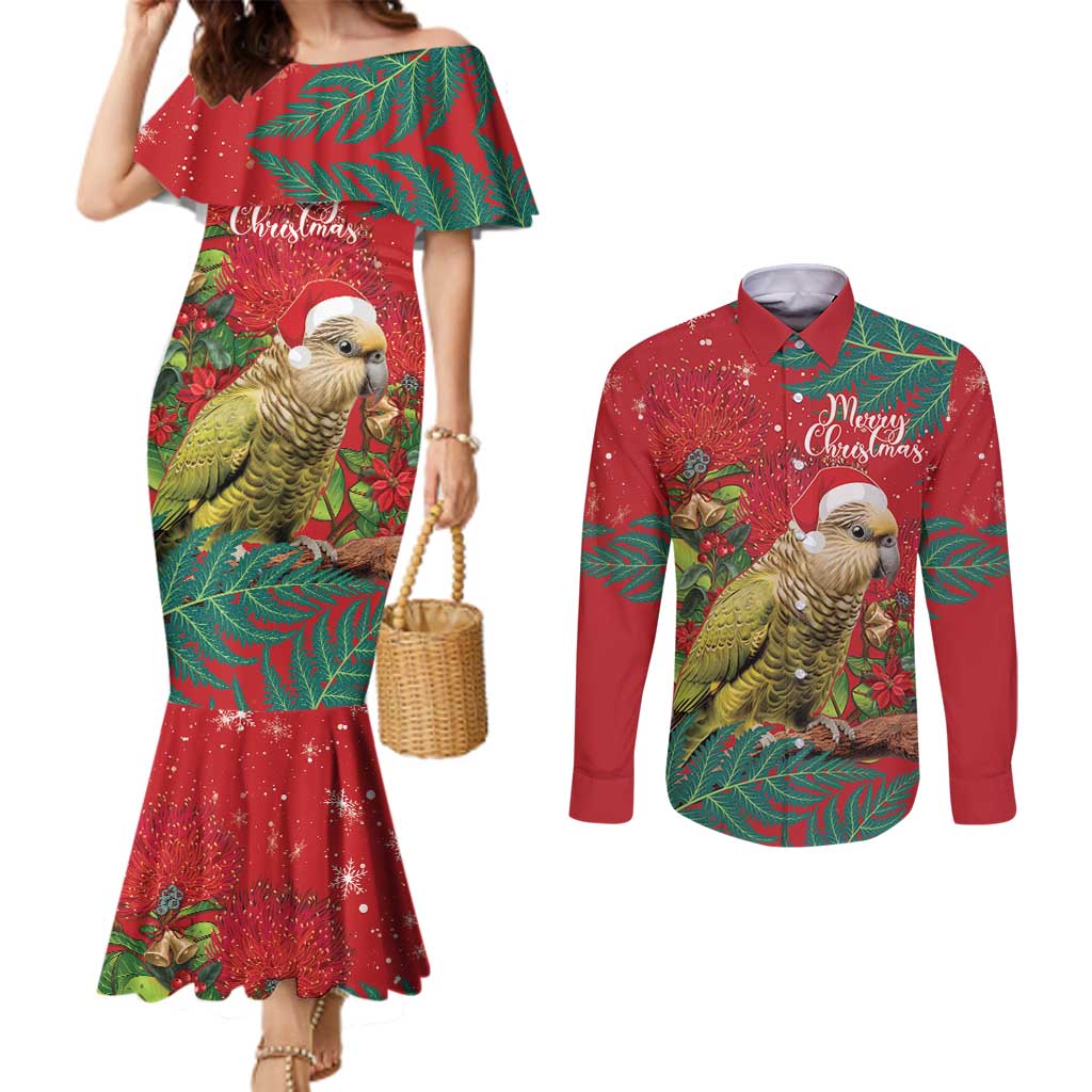 Personalised New Zealand Kakapo Christmas Couples Matching Mermaid Dress and Long Sleeve Button Shirt Meri Kirihimete Silver Fern Mix Pohutukawa LT14 Red - Polynesian Pride