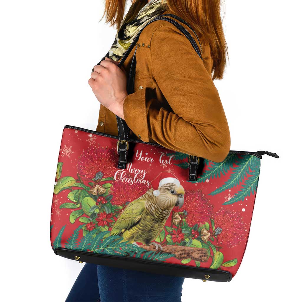 Personalised New Zealand Kakapo Christmas Leather Tote Bag Meri Kirihimete Silver Fern Mix Pohutukawa