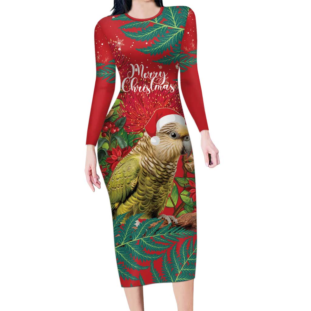 Personalised New Zealand Kakapo Christmas Long Sleeve Bodycon Dress Meri Kirihimete Silver Fern Mix Pohutukawa LT14 Long Dress Red - Polynesian Pride