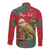 Personalised New Zealand Kakapo Christmas Long Sleeve Button Shirt Meri Kirihimete Silver Fern Mix Pohutukawa