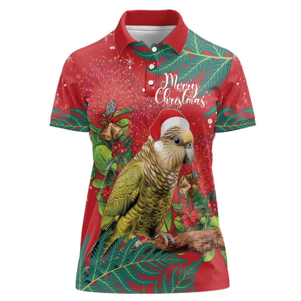 Personalised New Zealand Kakapo Christmas Women Polo Shirt Meri Kirihimete Silver Fern Mix Pohutukawa LT14 Female Red - Polynesian Pride