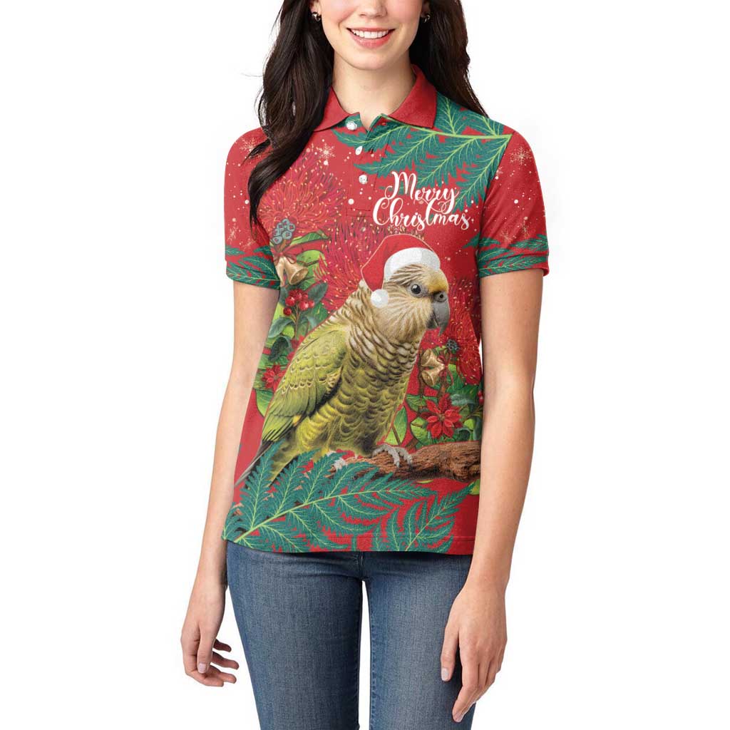 Personalised New Zealand Kakapo Christmas Women Polo Shirt Meri Kirihimete Silver Fern Mix Pohutukawa LT14 - Polynesian Pride