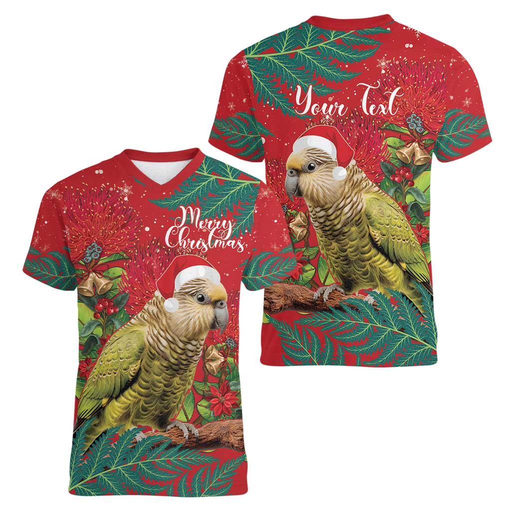 Personalised New Zealand Kakapo Christmas Women V-Neck T-Shirt Meri Kirihimete Silver Fern Mix Pohutukawa LT14 - Polynesian Pride