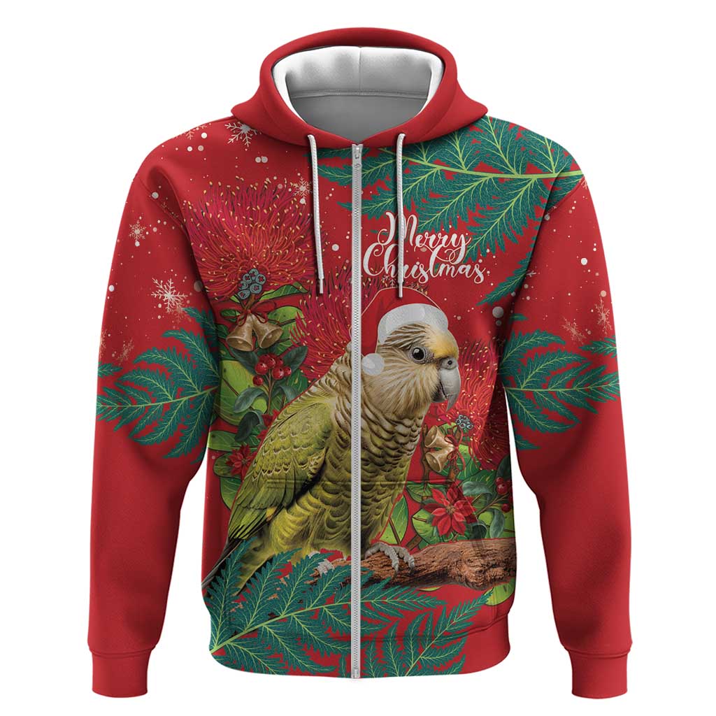 Personalised New Zealand Kakapo Christmas Zip Hoodie Meri Kirihimete Silver Fern Mix Pohutukawa LT14 Zip Hoodie Red - Polynesian Pride