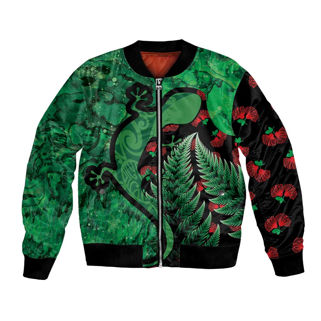 New Zealand Gecko Christmas Bomber Jacket Meri Kirihimete Paua Shell Mix Pohutukawa