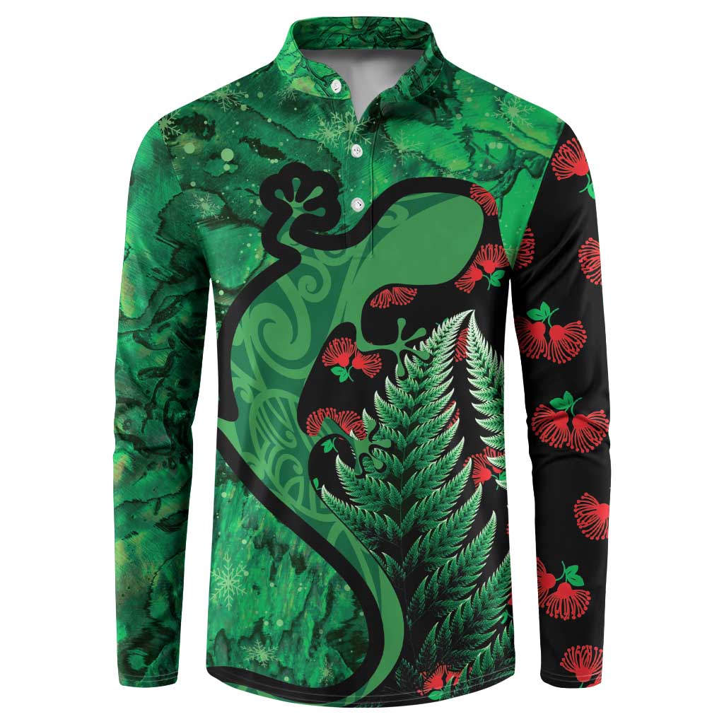New Zealand Gecko Christmas Button Sweatshirt Meri Kirihimete Paua Shell Mix Pohutukawa