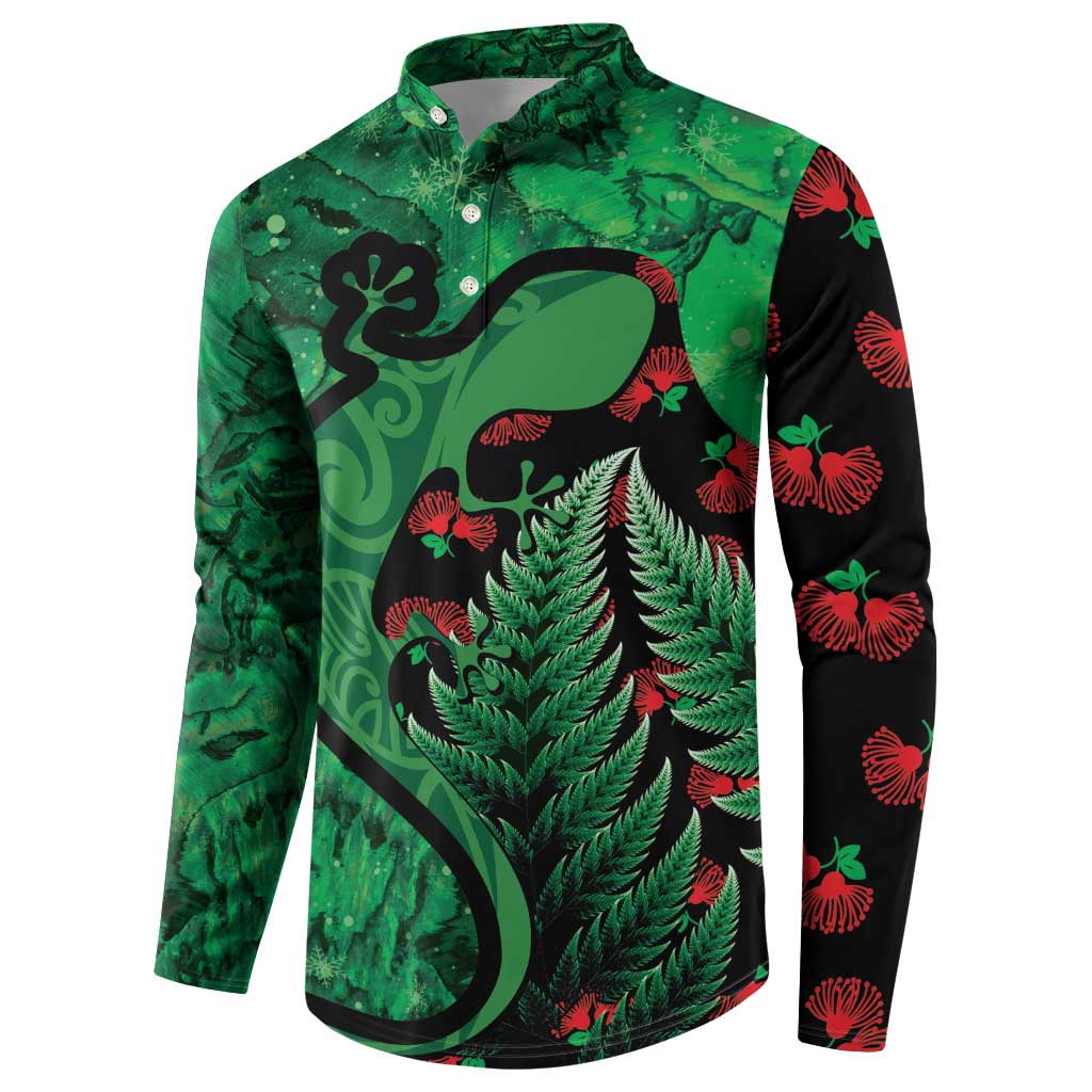 New Zealand Gecko Christmas Button Sweatshirt Meri Kirihimete Paua Shell Mix Pohutukawa