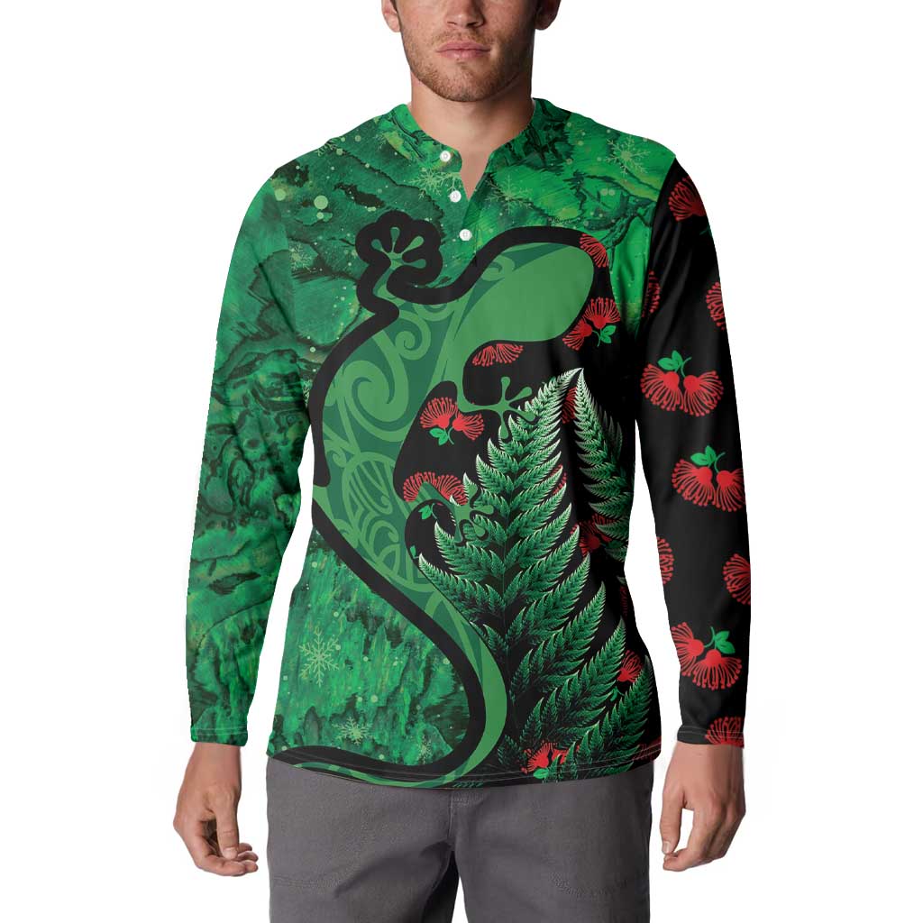 New Zealand Gecko Christmas Button Sweatshirt Meri Kirihimete Paua Shell Mix Pohutukawa
