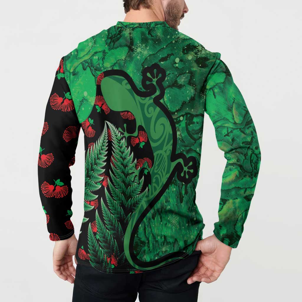 New Zealand Gecko Christmas Button Sweatshirt Meri Kirihimete Paua Shell Mix Pohutukawa