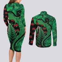 New Zealand Gecko Christmas Couples Matching Long Sleeve Bodycon Dress and Long Sleeve Button Shirt Meri Kirihimete Paua Shell Mix Pohutukawa