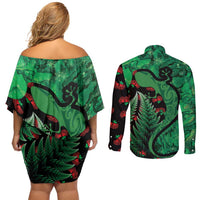 New Zealand Gecko Christmas Couples Matching Off Shoulder Short Dress and Long Sleeve Button Shirt Meri Kirihimete Paua Shell Mix Pohutukawa