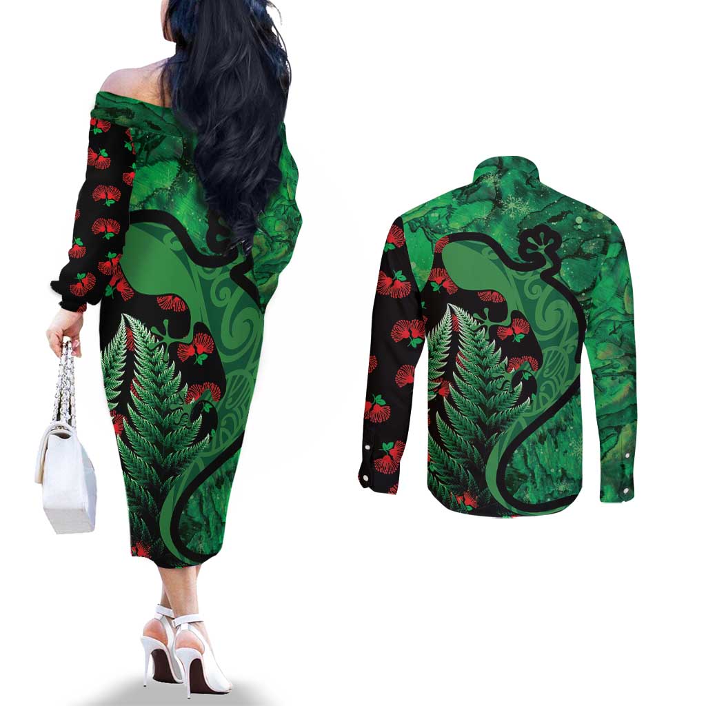 New Zealand Gecko Christmas Couples Matching Off The Shoulder Long Sleeve Dress and Long Sleeve Button Shirt Meri Kirihimete Paua Shell Mix Pohutukawa