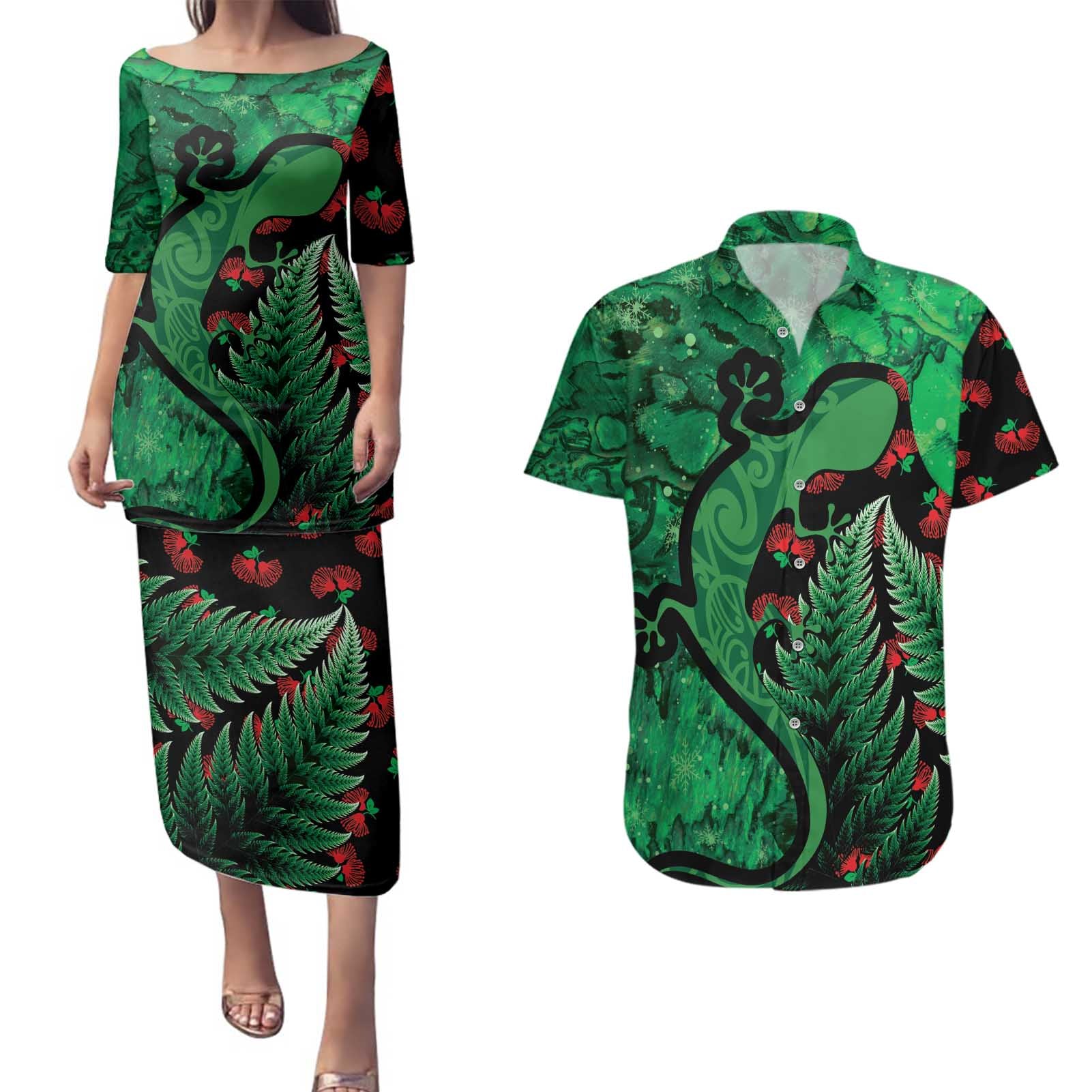 New Zealand Gecko Christmas Couples Matching Puletasi and Hawaiian Shirt Meri Kirihimete Paua Shell Mix Pohutukawa