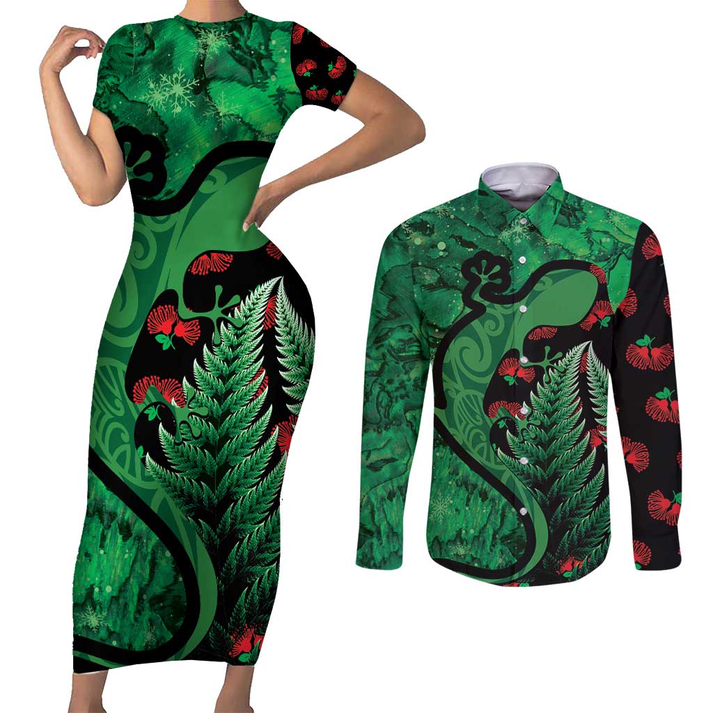 New Zealand Gecko Christmas Couples Matching Short Sleeve Bodycon Dress and Long Sleeve Button Shirt Meri Kirihimete Paua Shell Mix Pohutukawa