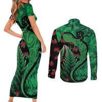 New Zealand Gecko Christmas Couples Matching Short Sleeve Bodycon Dress and Long Sleeve Button Shirt Meri Kirihimete Paua Shell Mix Pohutukawa